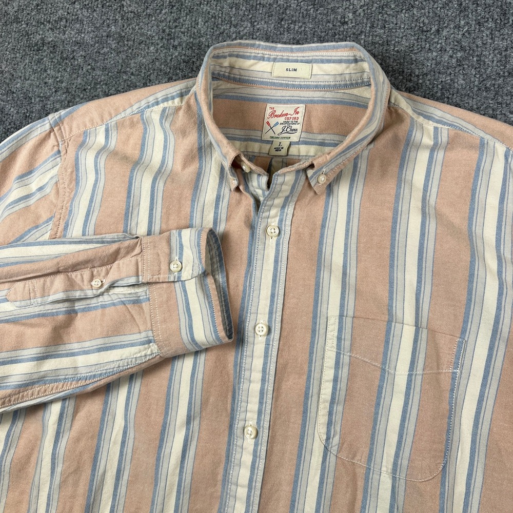 J Crew Shirt Mens L Brown Striped Broken In Oxford Slim Fit Long Sleeve Button